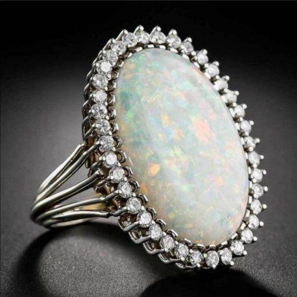 NEW💎925 Sterling Silver Diamond Huge Opal Ring - Picture 3 of 5